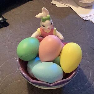 Ceramic Bunny Bowl with Pink and Purple Accents Radco Collectibles,